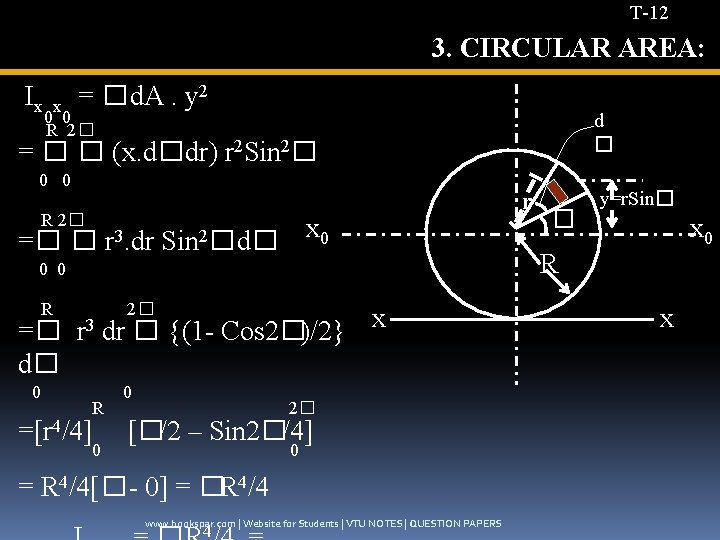 T-12 3. CIRCULAR AREA: Ix x = � d. A. y 2 0 0