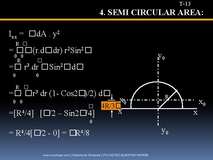 T-13 4. SEMI CIRCULAR AREA: Ixx = � d. A. y 2 R �