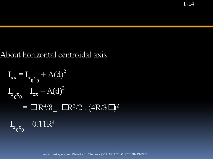 T-14 About horizontal centroidal axis: Ixx = Ix x + A(d)2 0 0 Ix