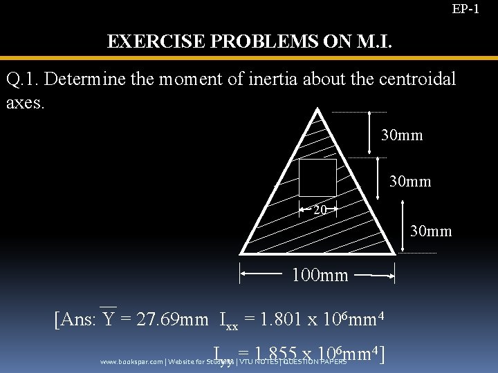 EP-1 EXERCISE PROBLEMS ON M. I. Q. 1. Determine the moment of inertia about