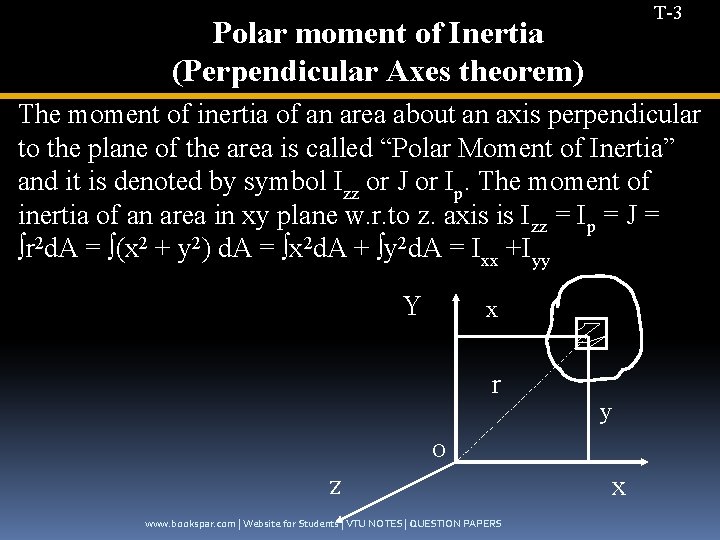 T-3 Polar moment of Inertia (Perpendicular Axes theorem) The moment of inertia of an