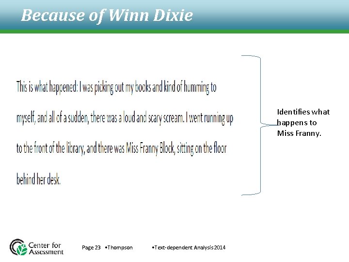 Because of Winn Dixie Identifies what happens to Miss Franny. Page 23 • Thompson Because of Winn Dixie Identifies what happens to Miss Franny. Page 23 • Thompson