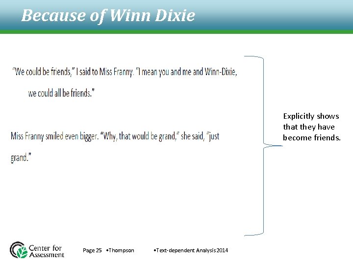 Because of Winn Dixie Explicitly shows that they have become friends. Page 25 • Because of Winn Dixie Explicitly shows that they have become friends. Page 25 •