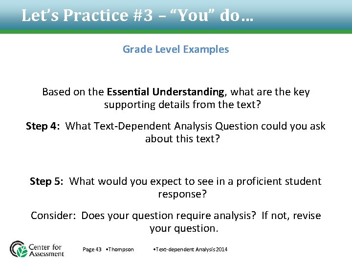 Let’s Practice #3 – “You” do… Grade Level Examples Based on the Essential Understanding, Let’s Practice #3 – “You” do… Grade Level Examples Based on the Essential Understanding,
