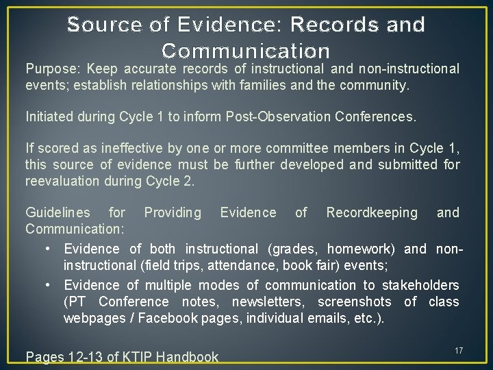 Source of Evidence: Records and Communication Purpose: Keep accurate records of instructional and non-instructional Source of Evidence: Records and Communication Purpose: Keep accurate records of instructional and non-instructional