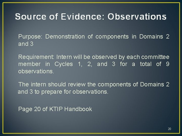 Source of Evidence: Observations Purpose: Demonstration of components in Domains 2 and 3 Requirement: Source of Evidence: Observations Purpose: Demonstration of components in Domains 2 and 3 Requirement: