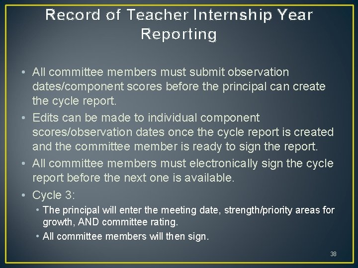 Record of Teacher Internship Year Reporting • All committee members must submit observation dates/component Record of Teacher Internship Year Reporting • All committee members must submit observation dates/component
