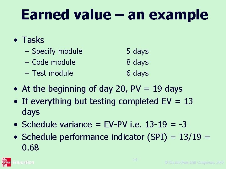 Earned value – an example • Tasks – Specify module – Code module –