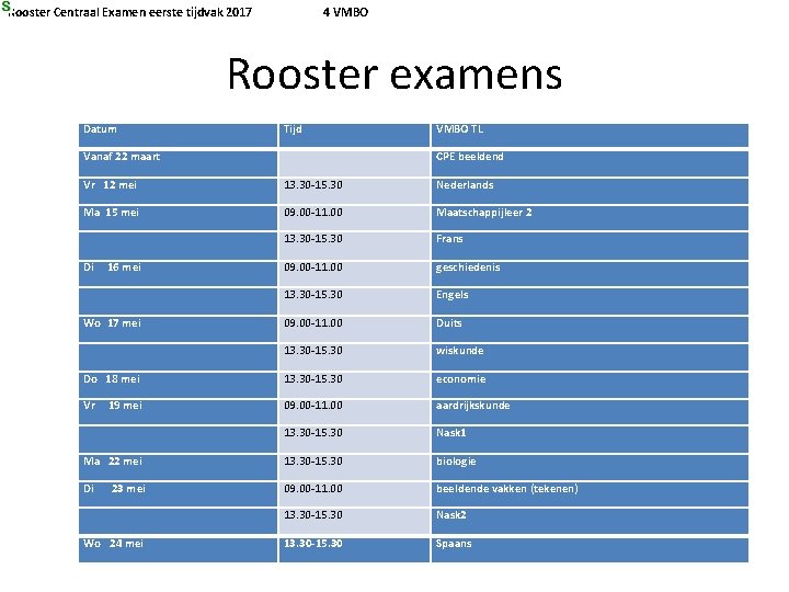 Rooster Centraal Examen eerste tijdvak 2017 4 VMBO Rooster examens Datum Vanaf 22 maart