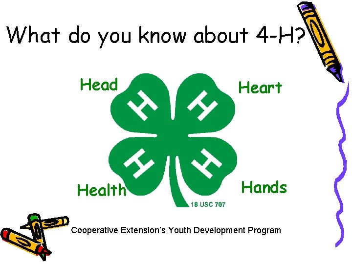 What do you know about 4 -H? Head Heart Health Hands Cooperative Extension’s Youth