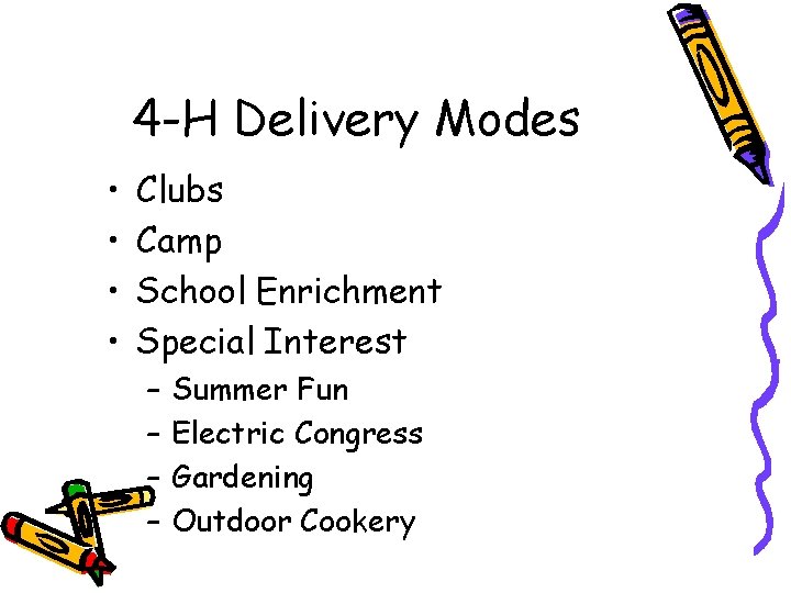 4 -H Delivery Modes • • Clubs Camp School Enrichment Special Interest – –