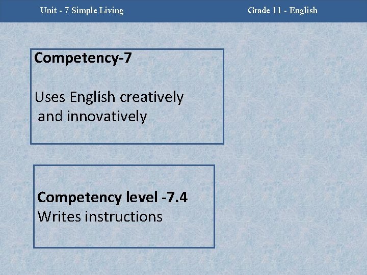 Unit -2 - Facing Challenges Unit 7 Simple Living Competency-7 Uses English creatively and