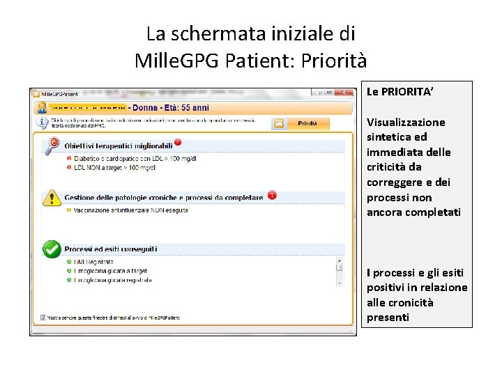 La schermata iniziale di Mille. GPG Patient: Priorità Le PRIORITA’ Visualizzazione sintetica ed immediata