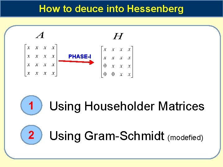 How to deuce into Hessenberg PHASE-I 1 Using Householder Matrices 2 Using Gram-Schmidt (modefied)
