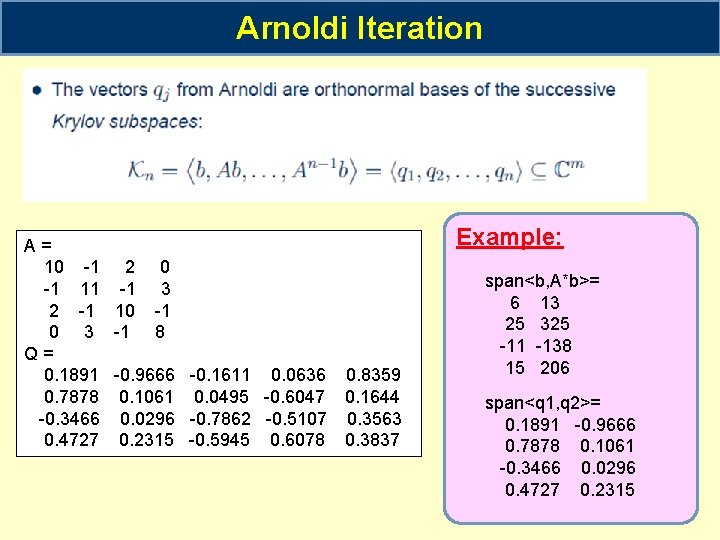 Arnoldi Iteration A= 10 -1 2 0 -1 11 -1 3 2 -1 10