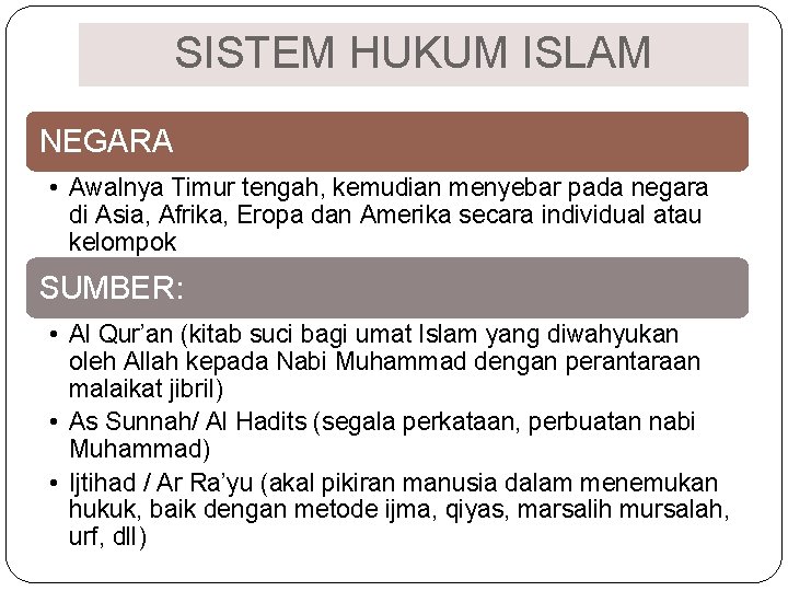 SISTEM HUKUM ISLAM NEGARA • Awalnya Timur tengah, kemudian menyebar pada negara di Asia, SISTEM HUKUM ISLAM NEGARA • Awalnya Timur tengah, kemudian menyebar pada negara di Asia,