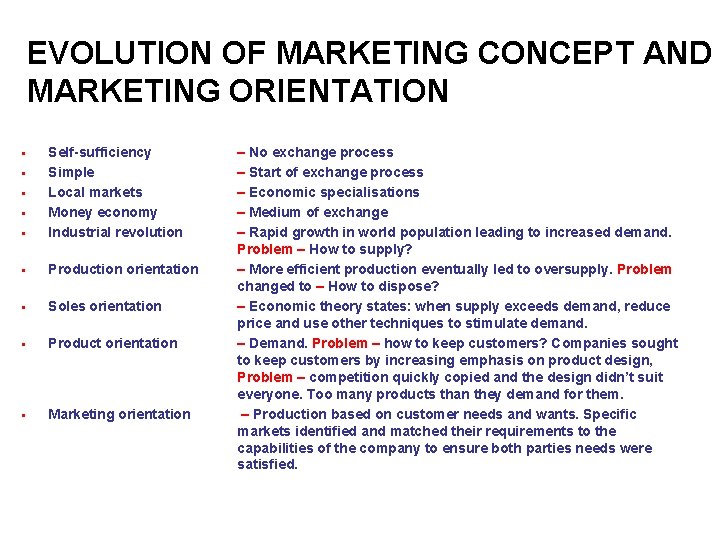 EVOLUTION OF MARKETING CONCEPT AND MARKETING ORIENTATION § Self-sufficiency Simple Local markets Money economy