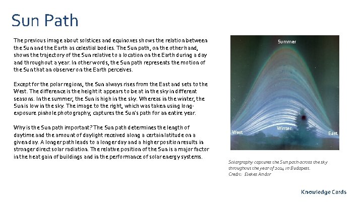 Sun Path The previous image about solstices and equinoxes shows the relation between the