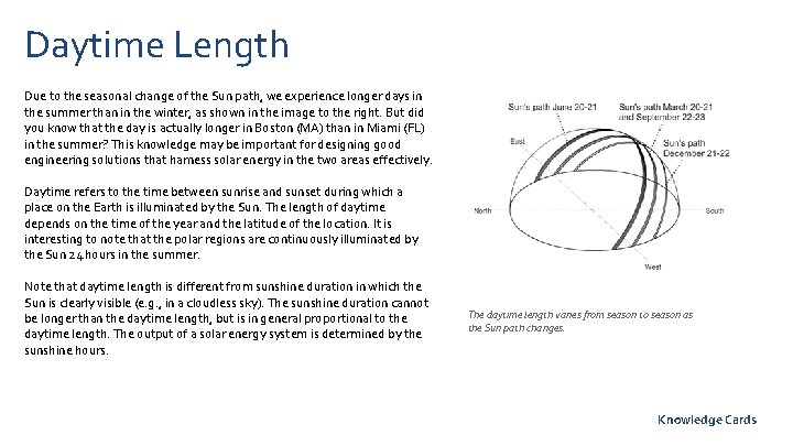 Daytime Length Due to the seasonal change of the Sun path, we experience longer