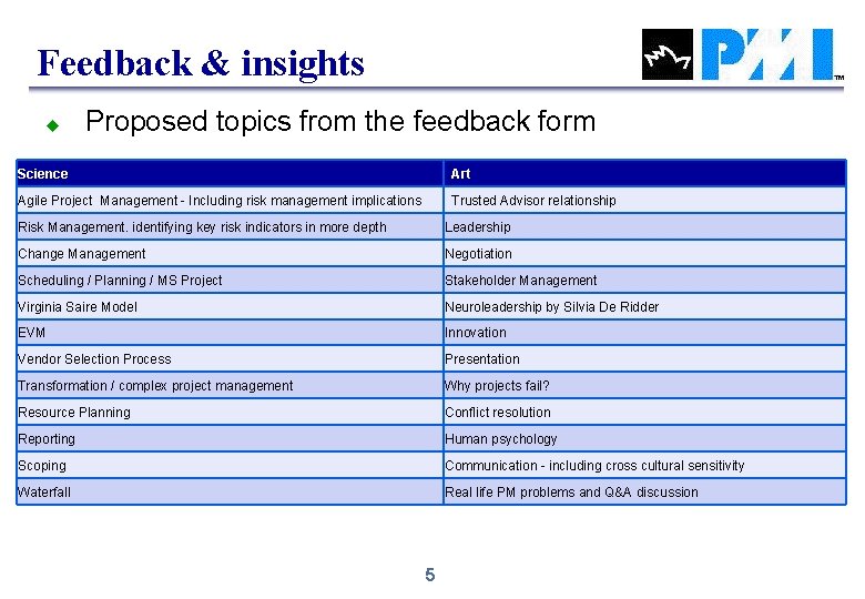 Feedback & insights u Proposed topics from the feedback form Science Art Agile Project Feedback & insights u Proposed topics from the feedback form Science Art Agile Project