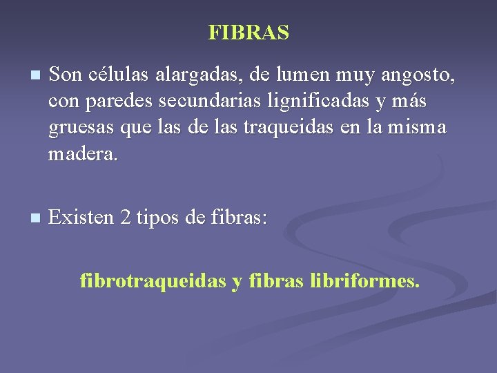 FIBRAS n Son células alargadas, de lumen muy angosto, con paredes secundarias lignificadas y FIBRAS n Son células alargadas, de lumen muy angosto, con paredes secundarias lignificadas y
