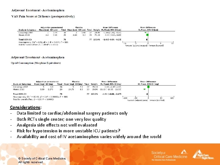 Considerations: - Data limited to cardiac/abdominal surgery patients only - Both RCTs single center;