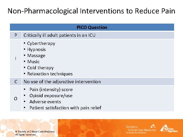 Non-Pharmacological Interventions to Reduce Pain PICO Question P Critically ill adult patients in an