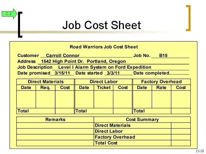 C 2 Job Cost Sheet 15 -10 