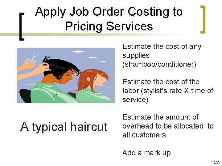 Apply Job Order Costing to Pricing Services Estimate the cost of any supplies (shampoo/conditioner)