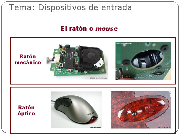 Tema: Dispositivos de entrada El ratón o mouse Ratón mecánico Ratón óptico 