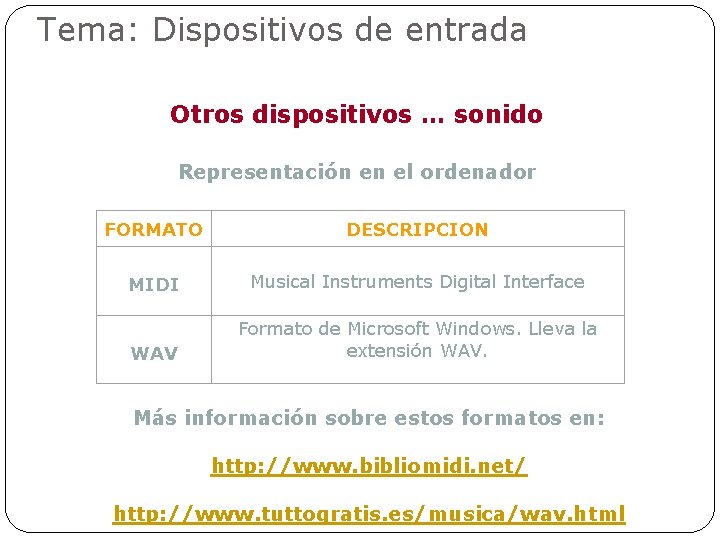 Tema: Dispositivos de entrada Otros dispositivos … sonido Representación en el ordenador FORMATO DESCRIPCION