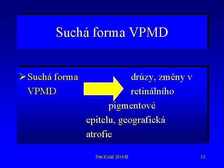 Suchá forma VPMD Ø Suchá forma VPMD drúzy, změny v retinálního pigmentové epitelu, geografická