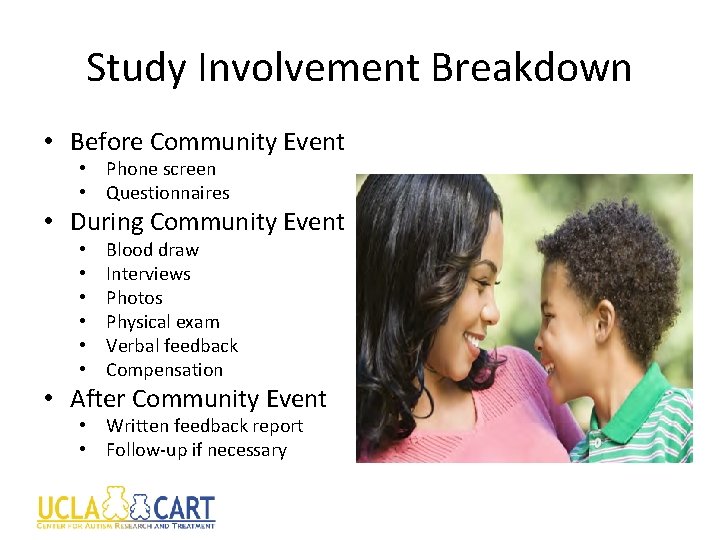 Study Involvement Breakdown • Before Community Event • Phone screen • Questionnaires • During