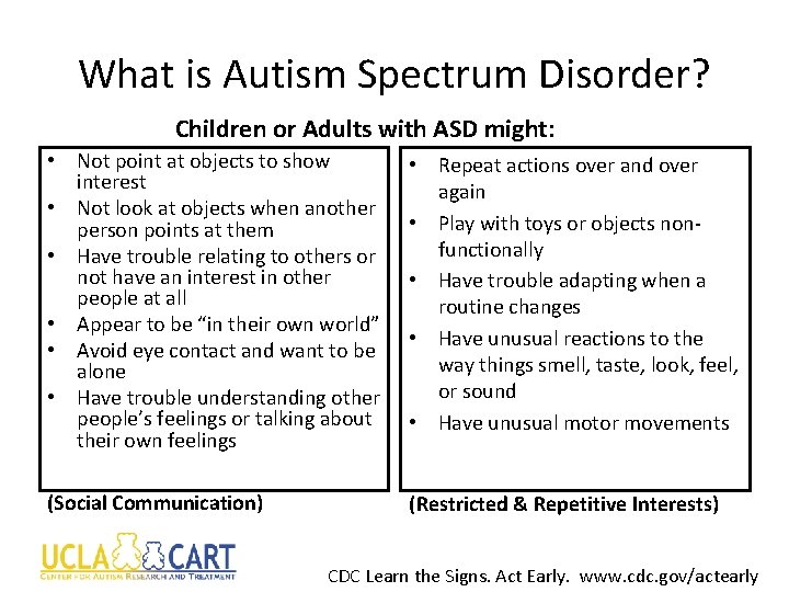 What is Autism Spectrum Disorder? Children or Adults with ASD might: • Not point