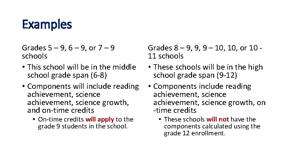 Examples Grades 5 – 9, 6 – 9, or 7 – 9 schools •