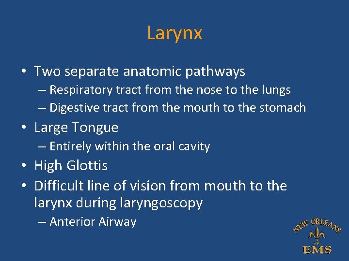 Larynx • Two separate anatomic pathways – Respiratory tract from the nose to the Larynx • Two separate anatomic pathways – Respiratory tract from the nose to the