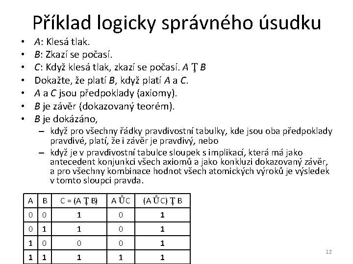  • • Příklad logicky správného úsudku A: Klesá tlak. B: Zkazí se počasí.