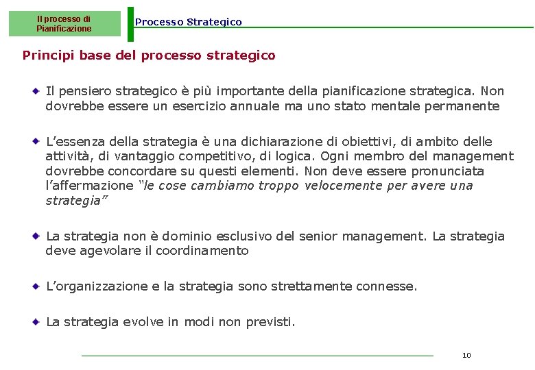 Il processo di Pianificazione Processo Strategico Principi base del processo strategico Il pensiero strategico