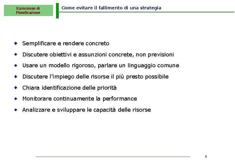 Il processo di Pianificazione Come evitare il fallimento di una strategia Semplificare e rendere