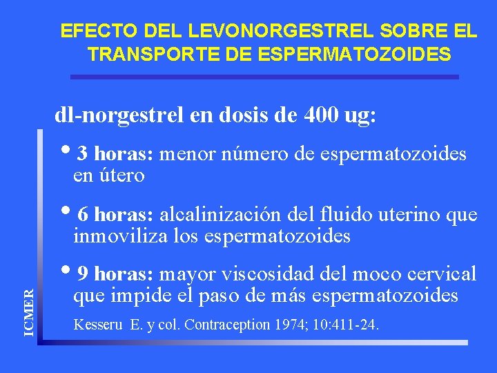 EFECTO DEL LEVONORGESTREL SOBRE EL TRANSPORTE DE ESPERMATOZOIDES dl-norgestrel en dosis de 400 ug: