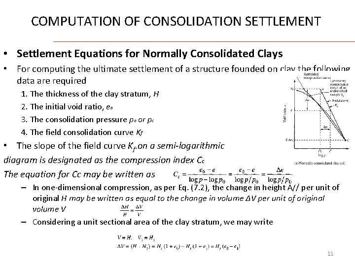 COMPUTATION OF CONSOLIDATION SETTLEMENT • Settlement Equations for Normally Consolidated Clays • For computing