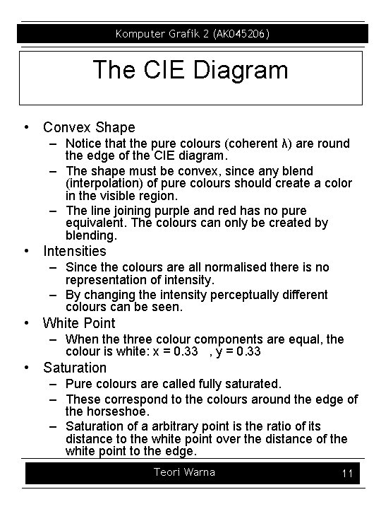 Komputer Grafik 2 (AK 045206) The CIE Diagram • Convex Shape – Notice that