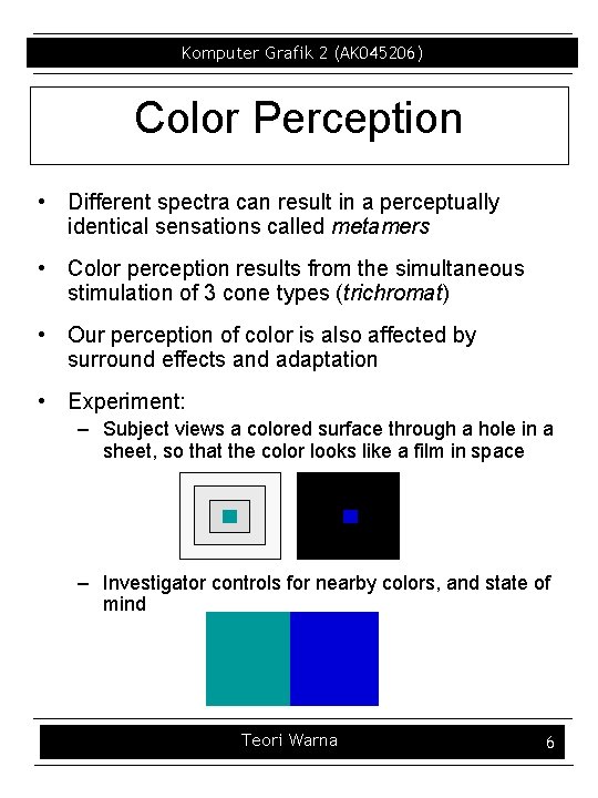 Komputer Grafik 2 (AK 045206) Color Perception • Different spectra can result in a
