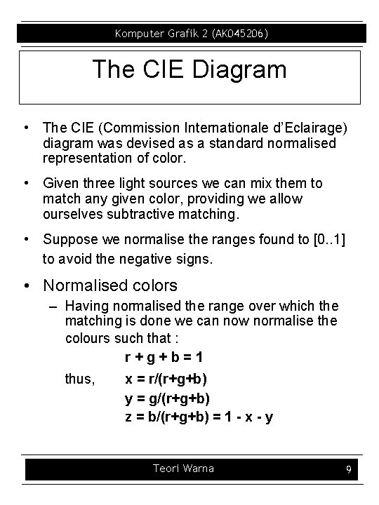 Komputer Grafik 2 (AK 045206) The CIE Diagram • The CIE (Commission Internationale d’Eclairage)
