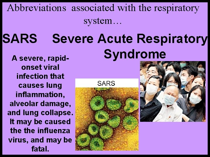 Abbreviations associated with the respiratory system… SARS Severe Acute Respiratory Syndrome A severe, rapid-