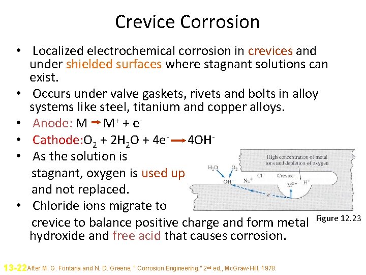 Crevice Corrosion • Localized electrochemical corrosion in crevices and under shielded surfaces where stagnant