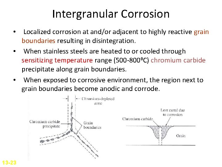 Intergranular Corrosion • Localized corrosion at and/or adjacent to highly reactive grain boundaries resulting