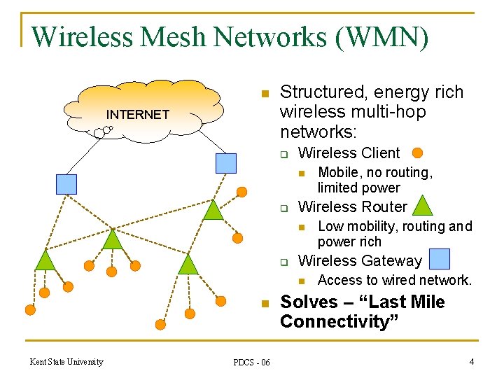 Wireless Mesh Networks (WMN) n INTERNET Structured, energy rich wireless multi-hop networks: q Wireless