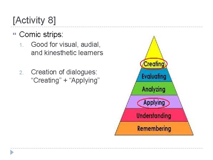 [Activity 8] Comic strips: 1. Good for visual, audial, and kinesthetic learners 2. Creation