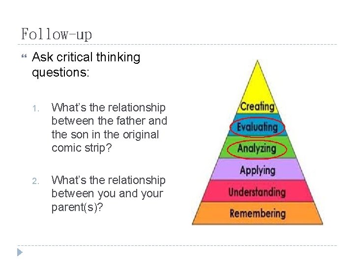 Follow-up Ask critical thinking questions: 1. What’s the relationship between the father and the